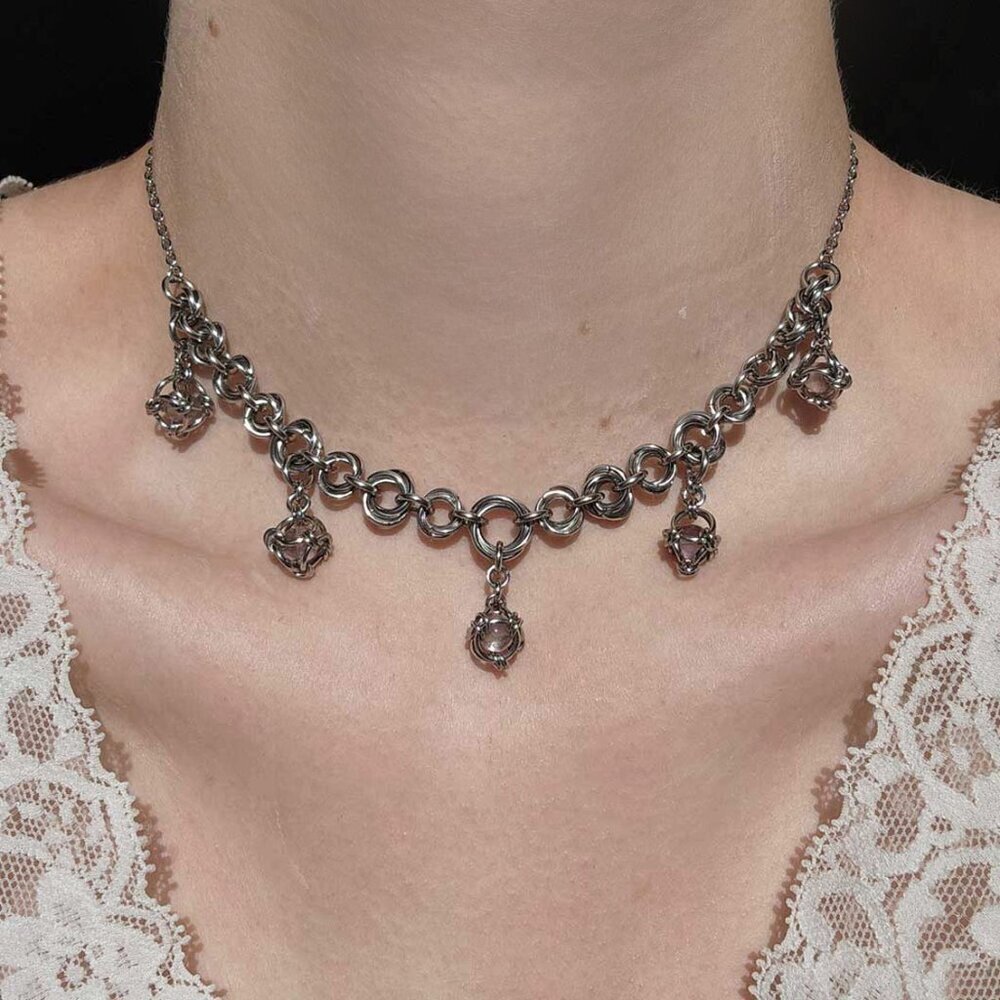 Gothic fairy purple caged pearl chainmail choker necklace with a small silver ch